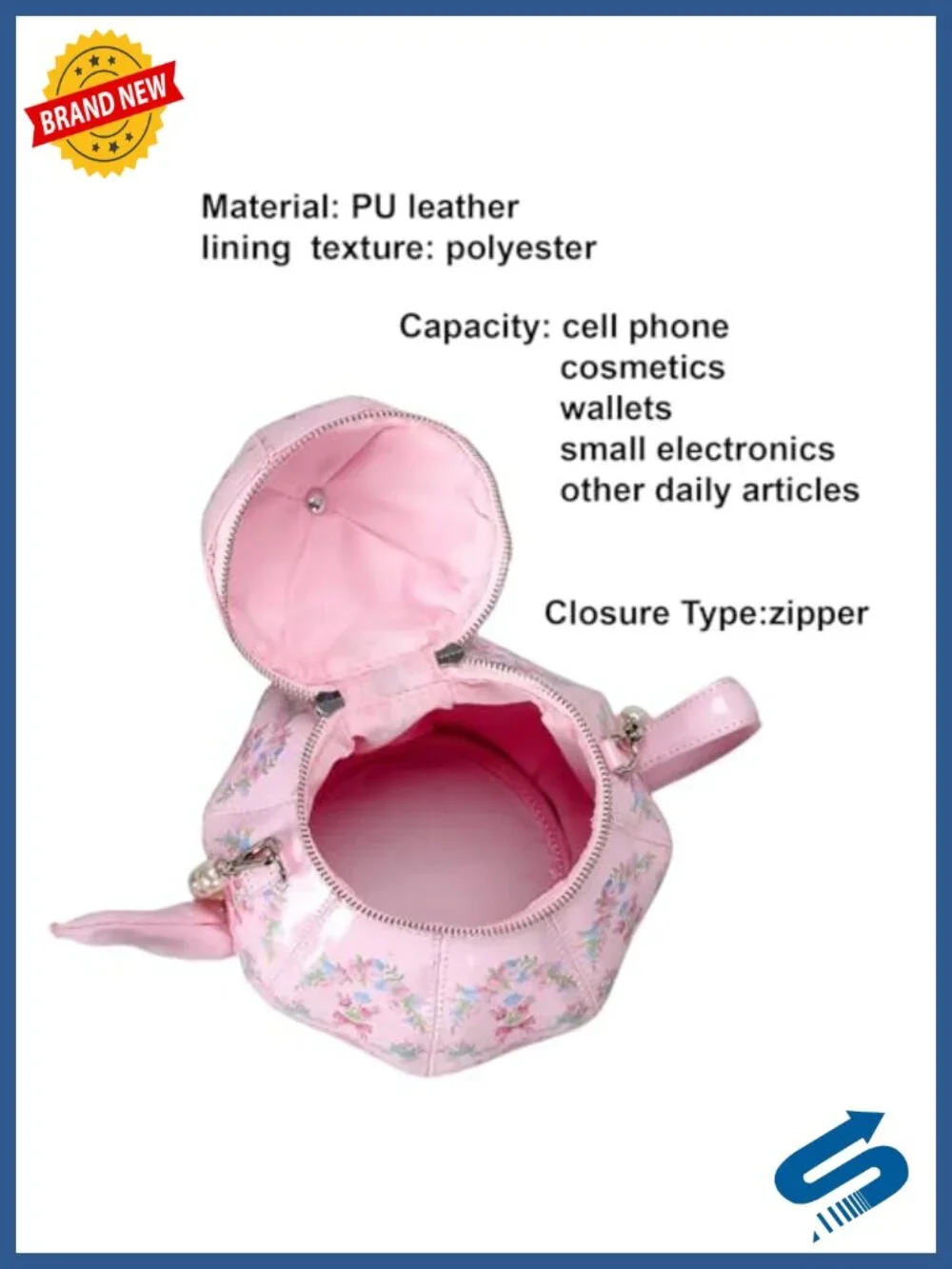 Teapot Shaped Crossbody Bag for Women | PU Leather Floral Purse with Pearl Chain